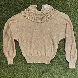 Vintage 90s Stephanie Stylish Gold Cowl Neck Floral Embroidered Sweater